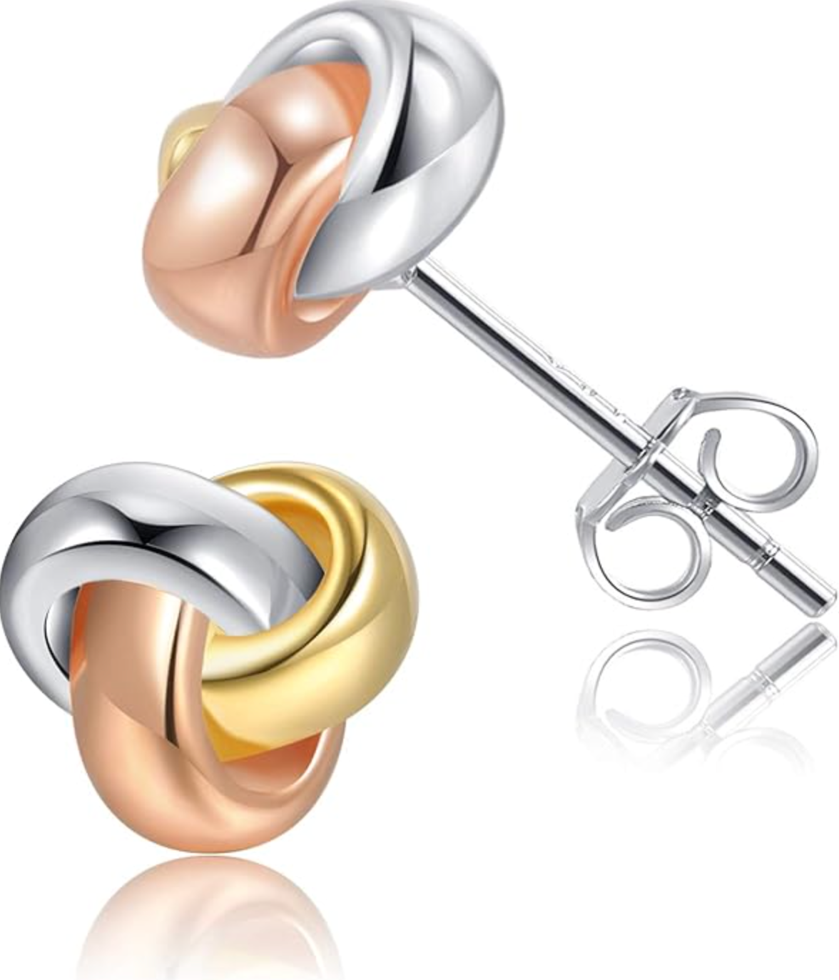 A pair of 8mm tri-color love knot stud earrings featuring intertwined bands of yellow gold, rose gold, and sterling silver with a high-polish finish.
