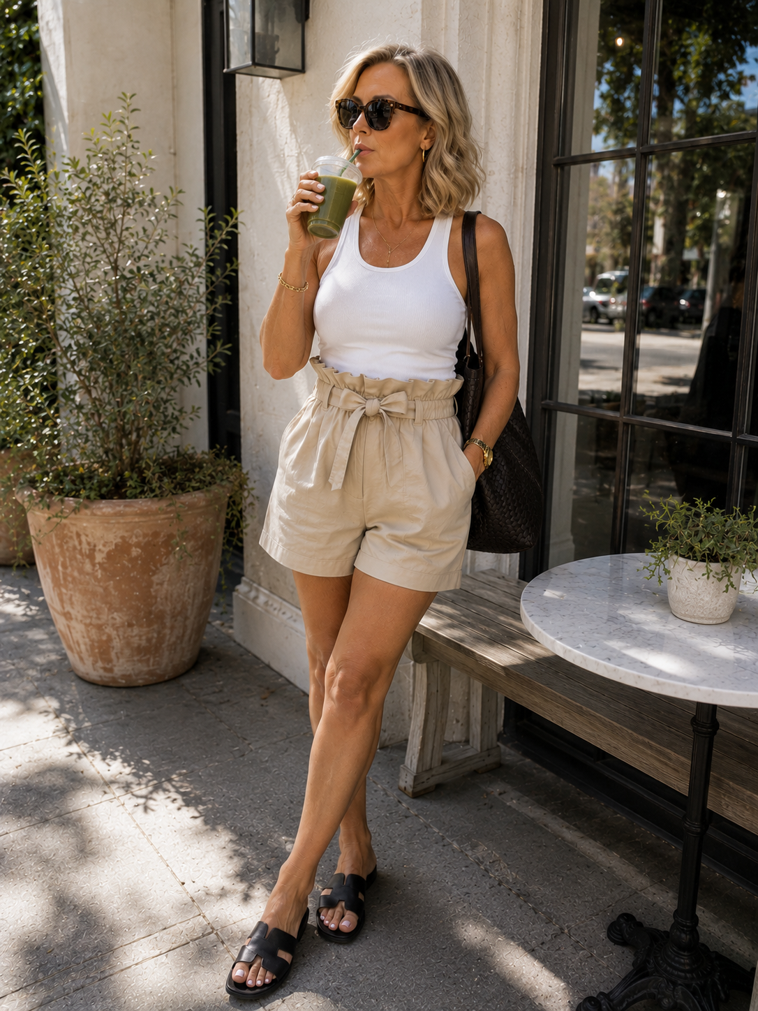 A woman styling high-waisted, beige paperbag-waist shorts with a matching tie belt, paired with a simple white tank top and a black shoulder bag.