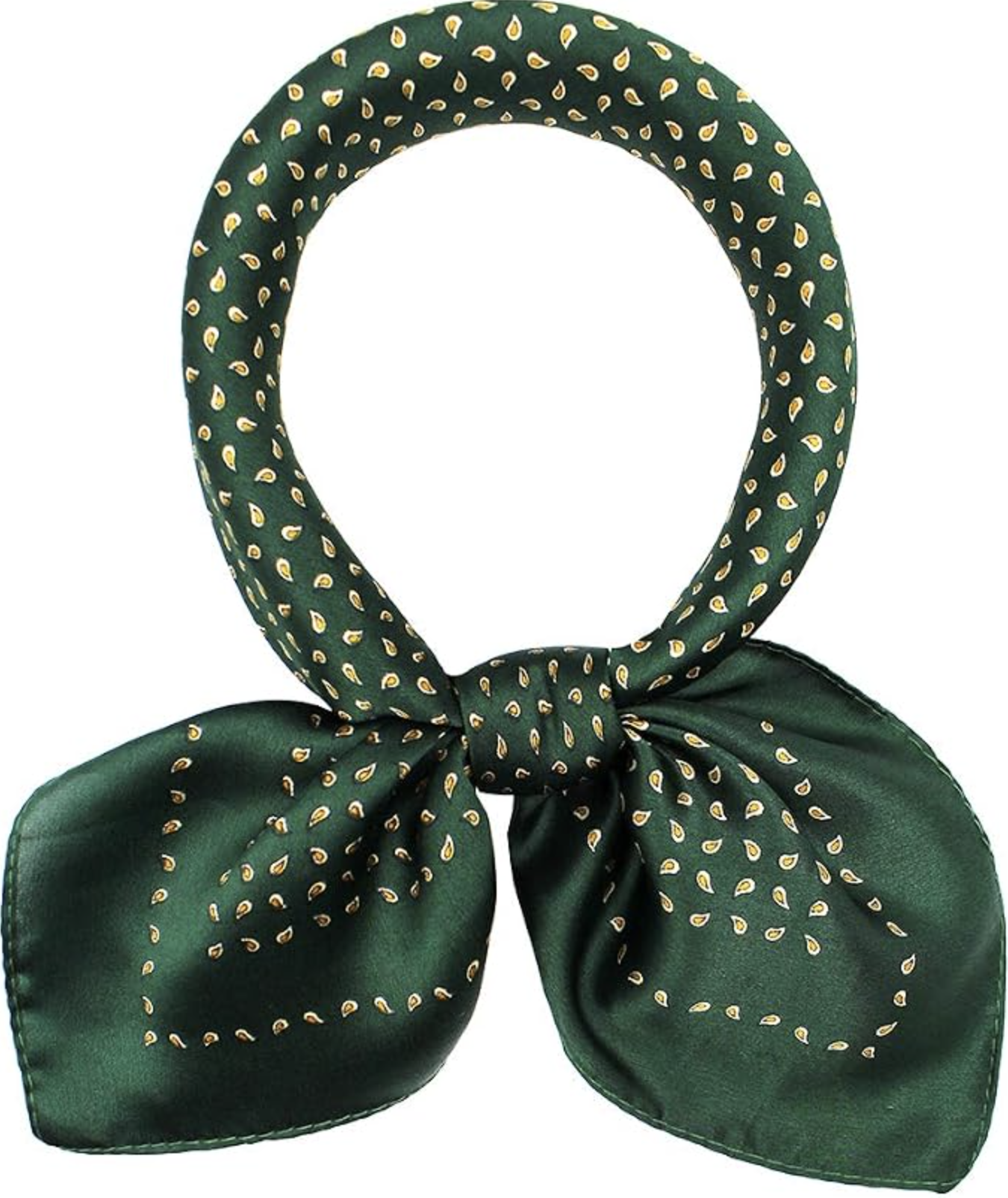 Dark green paisley ANDANTINO square silk scarf styled as a fall neck scarf.
