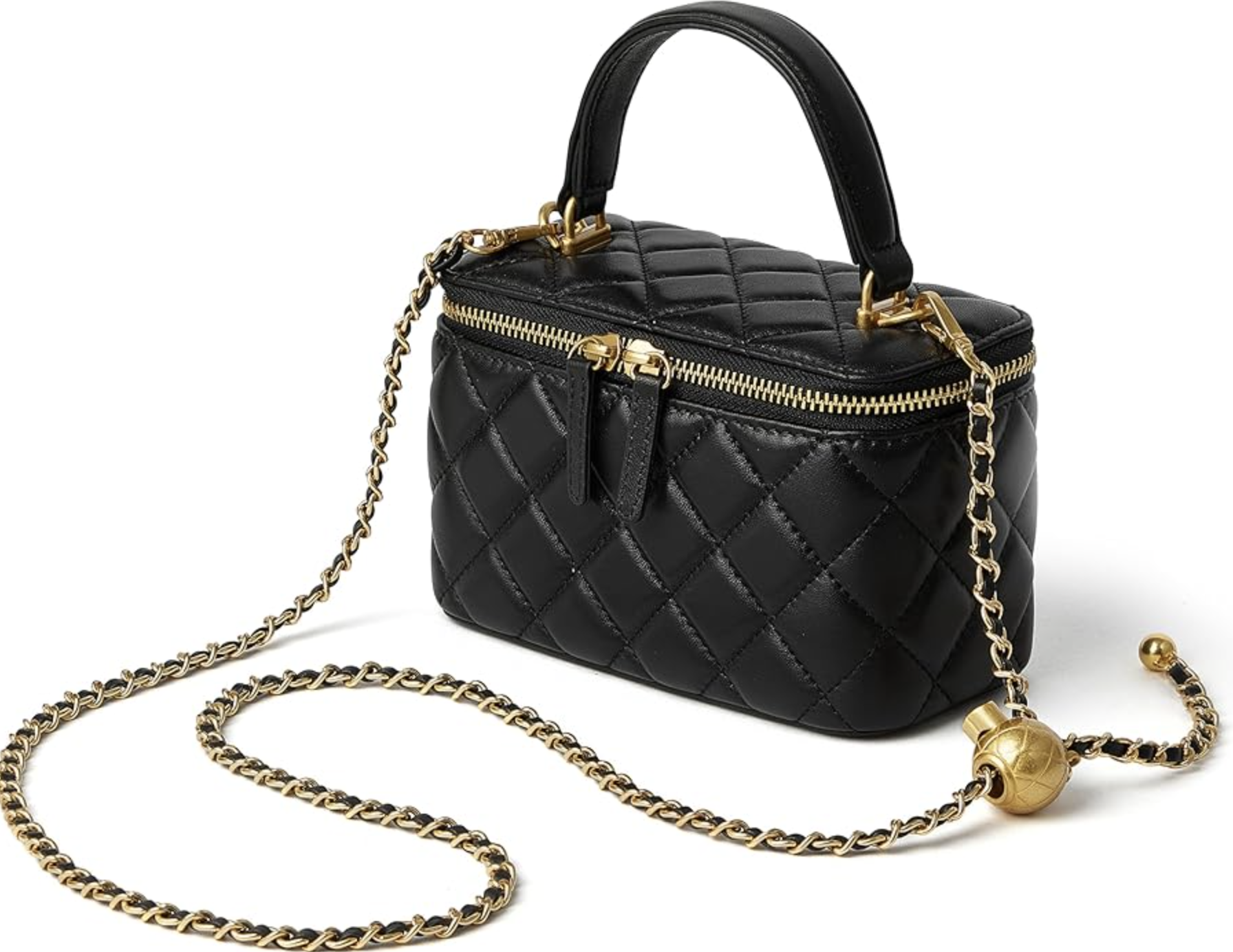 A small black quilted leather box-shaped handbag with a structured top handle, gold zipper hardware, and a gold chain-link crossbody strap.