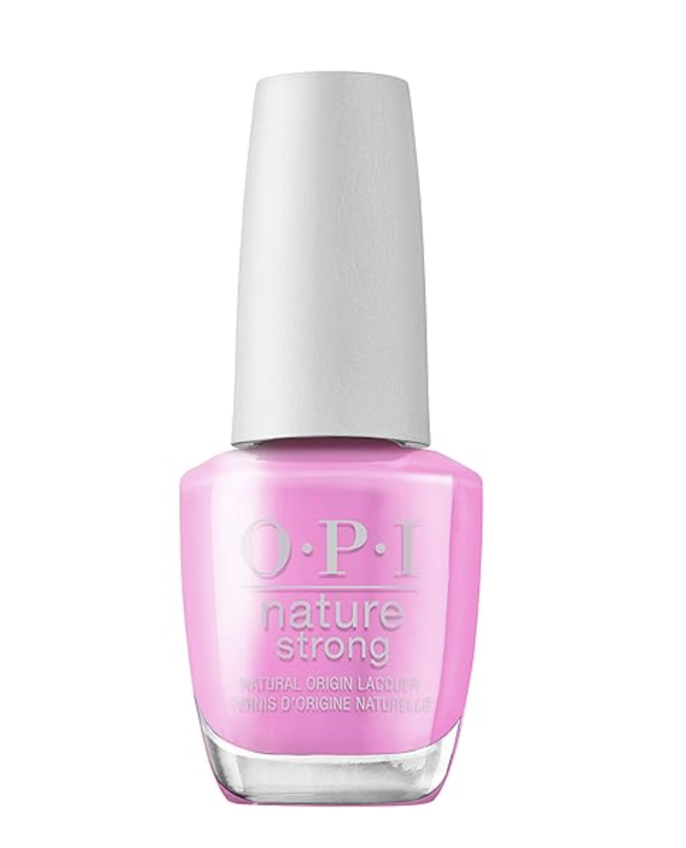 A bottle of OPI Nature Strong "Emflowered" nail polish, a vibrant vegan bubblegum pink lacquer.
