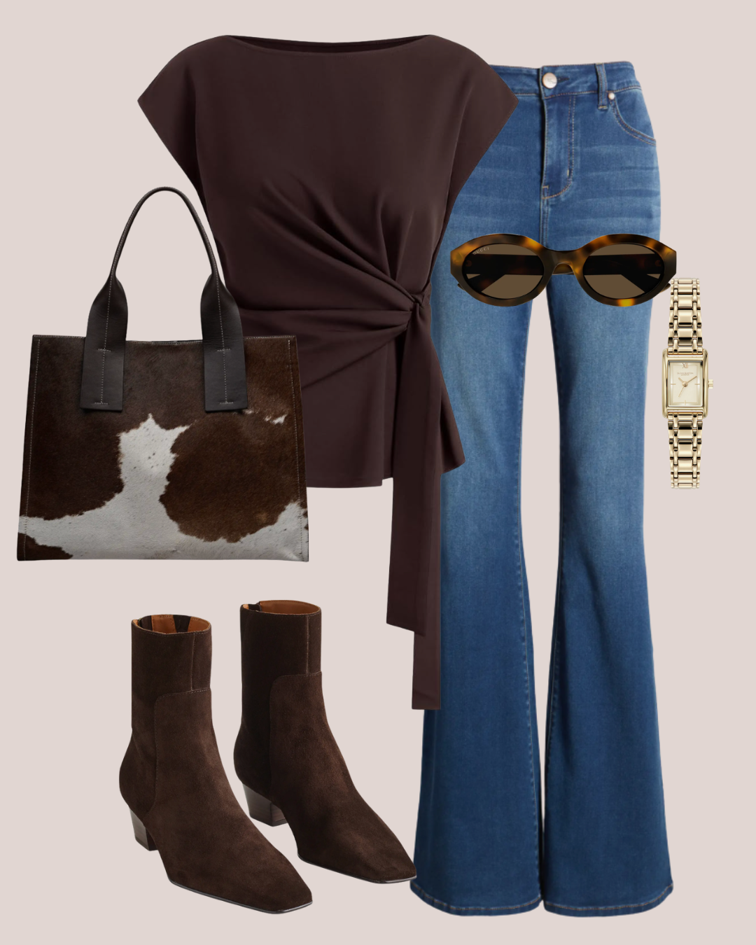 A sophisticated outfit flat lay for women featuring high-waisted bootcut jeans, brown suede block-heel ankle boots, a chocolate brown draped top, and a statement cow-print leather tote bag.