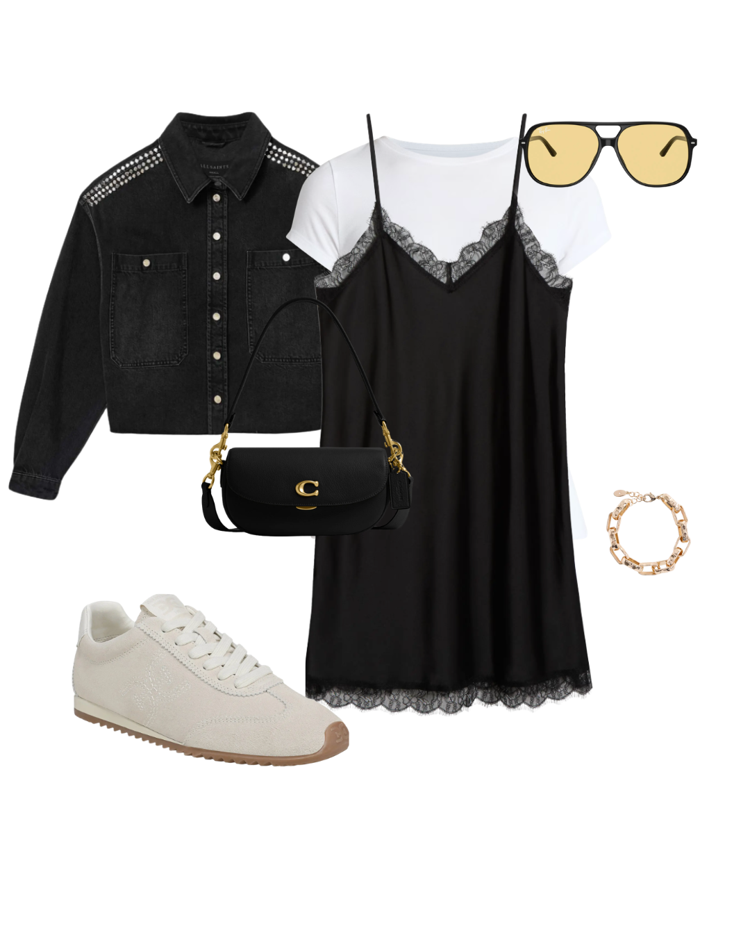 Flat lay outfit grid featuring a black studded denim jacket, black lace-trimmed slip dress layered over a white t-shirt, white sneakers, black shoulder bag, and yellow-tinted sunglasses.