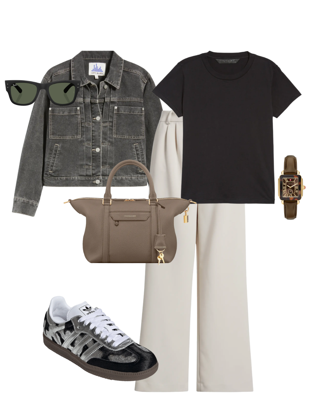 Flat lay outfit grid featuring a faded black denim jacket, white wide-leg trousers, black t-shirt, grey leather shoulder bag, black and white printed sneakers, sunglasses, and a watch.