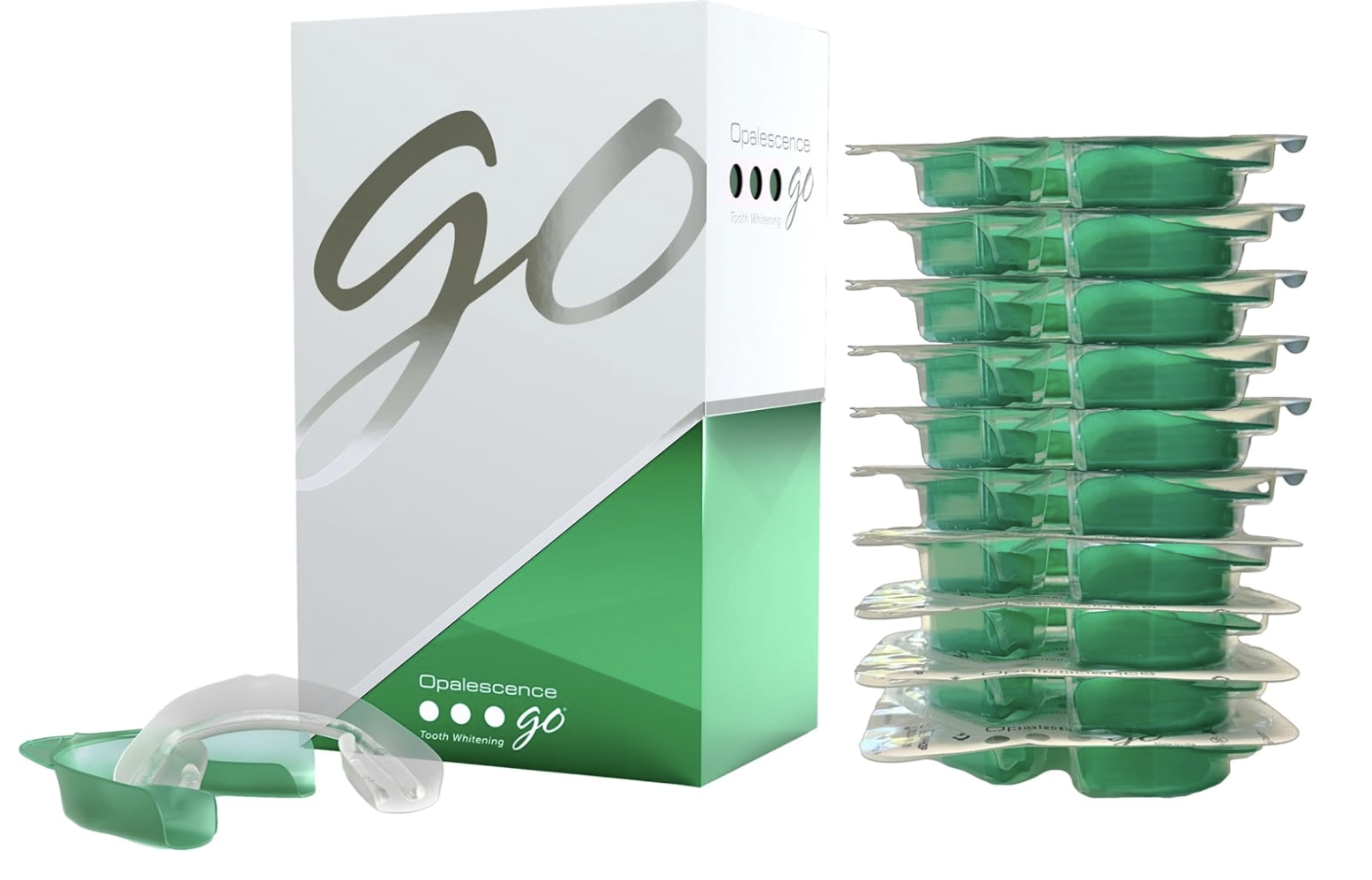 Box and prefilled disposable whitening trays of Opalescence Go, showcasing the mint-flavored professional-strength formula on a light background.
