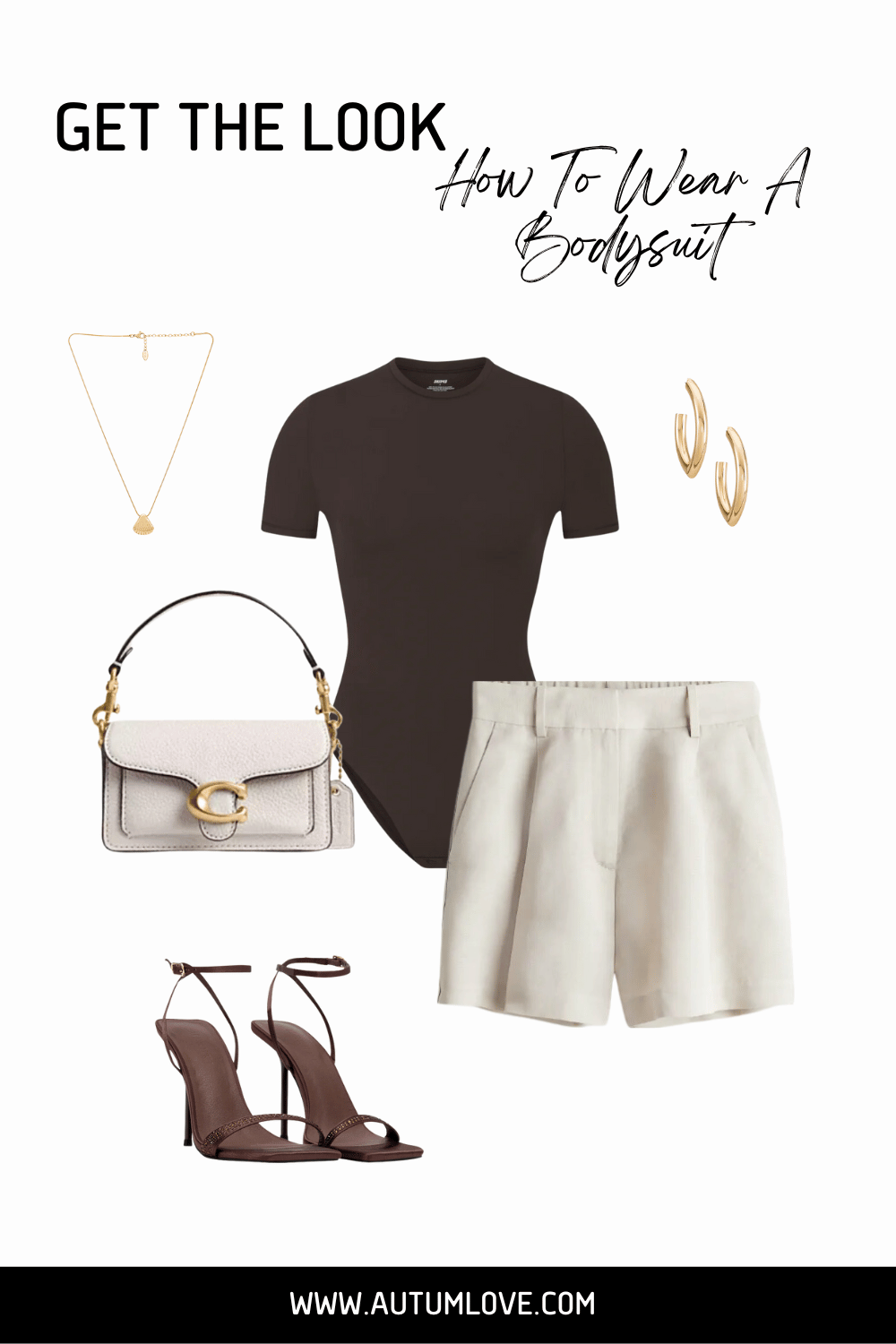 Flat lay outfit featuring a black textured bodysuit paired with high-waisted white Bermuda shorts and brown strappy heels.