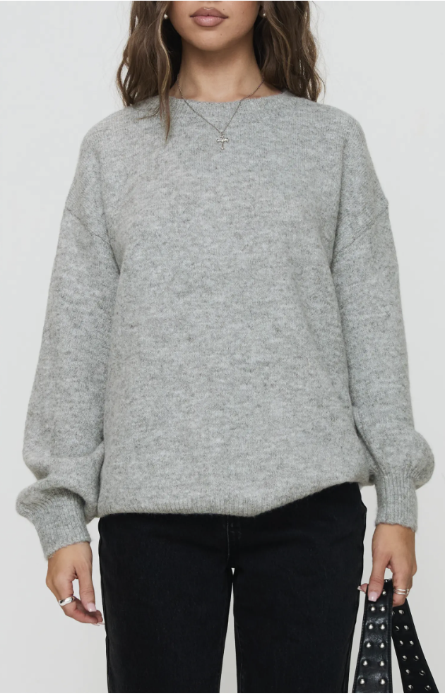 Princess Polly heather grey oversized crewneck sweater styled with dark denim jeans