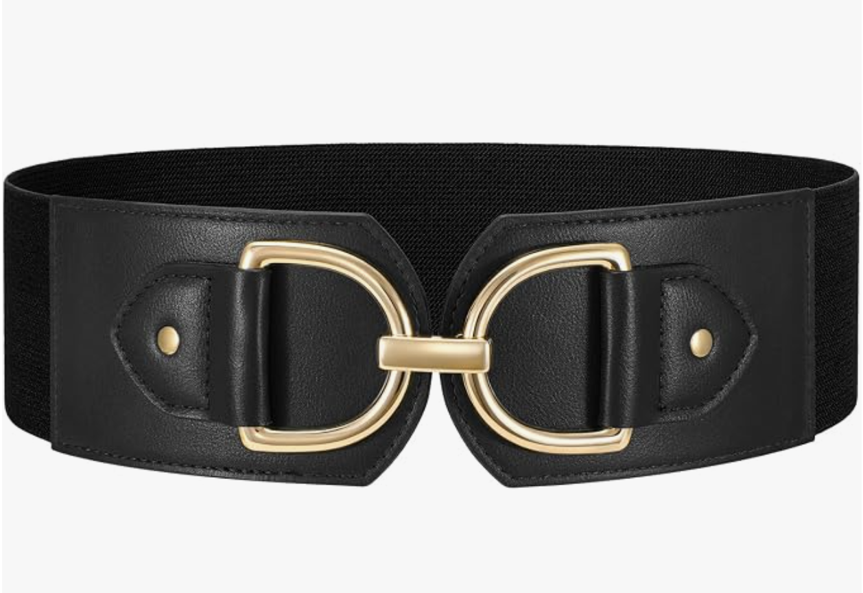 Black WERFORU stretch belt with a wide band and oversized gold buckle.