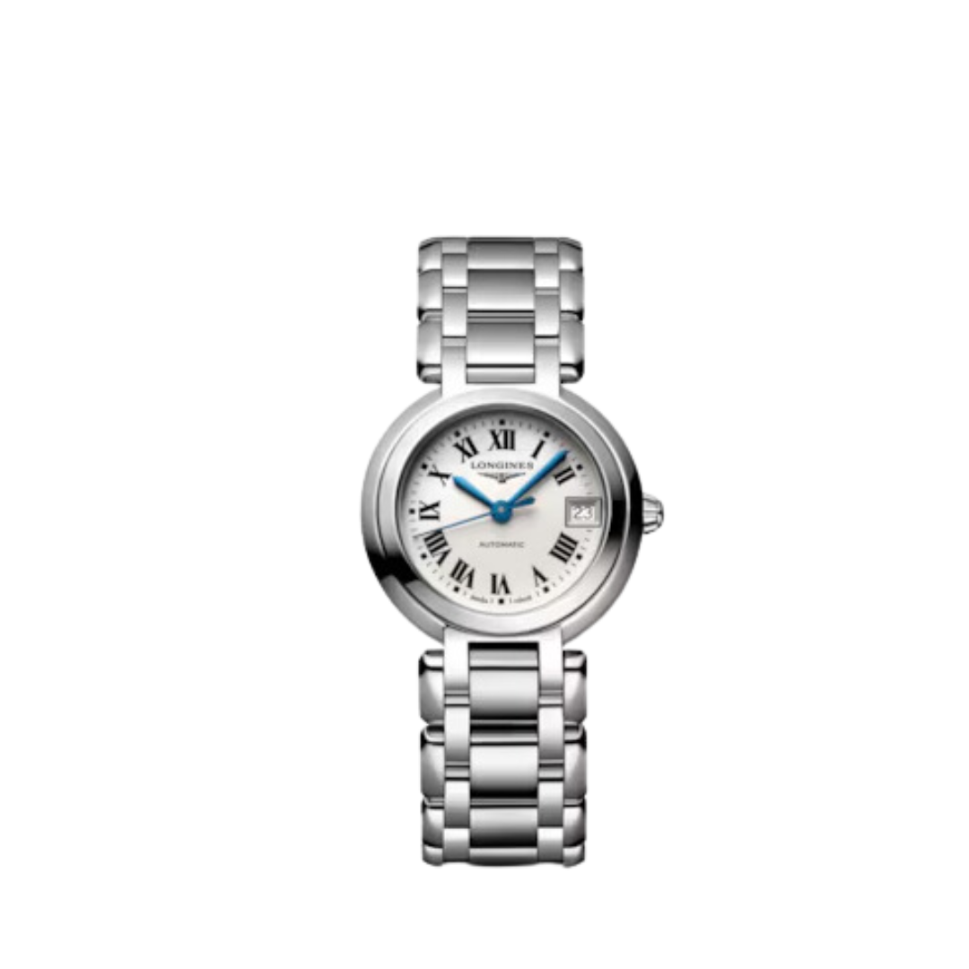 A Longines Record Collection women's automatic chronometer watch featuring a silver sunray dial with Roman numeral markers, a date window at 3 o'clock, and a polished stainless steel multi-link bracelet.