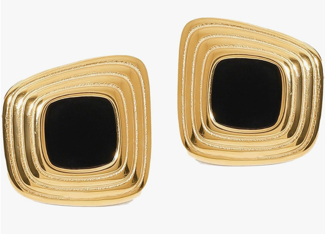A pair of Chunky Gold Earrings for Women featuring a square, textured gold-tone frame with a black center, styled for a summer BBQ outfit.