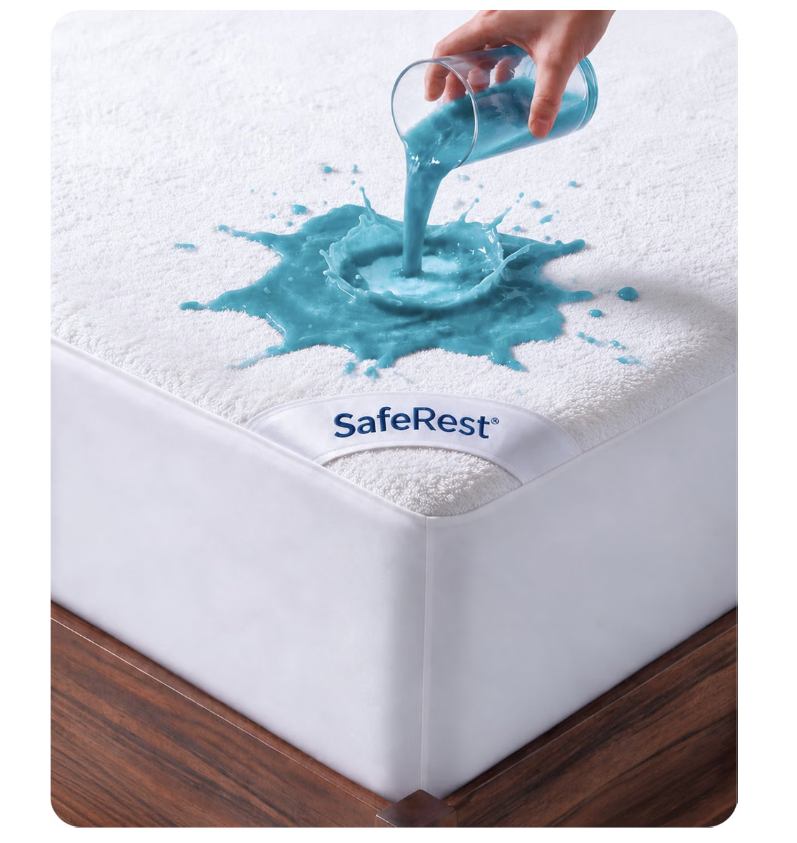 Waterproof queen mattress protector with water beading on the surface