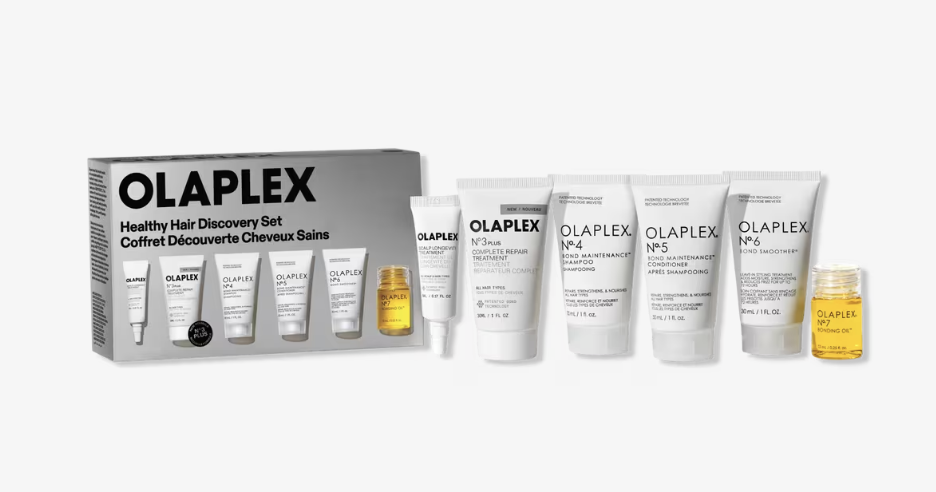 Olaplex Healthy Hair Discovery Set featuring travel-sized No. 3 Hair Perfector, No. 4 Bond Maintenance Shampoo, No. 5 Conditioner, and No. 7 Bonding Oil.