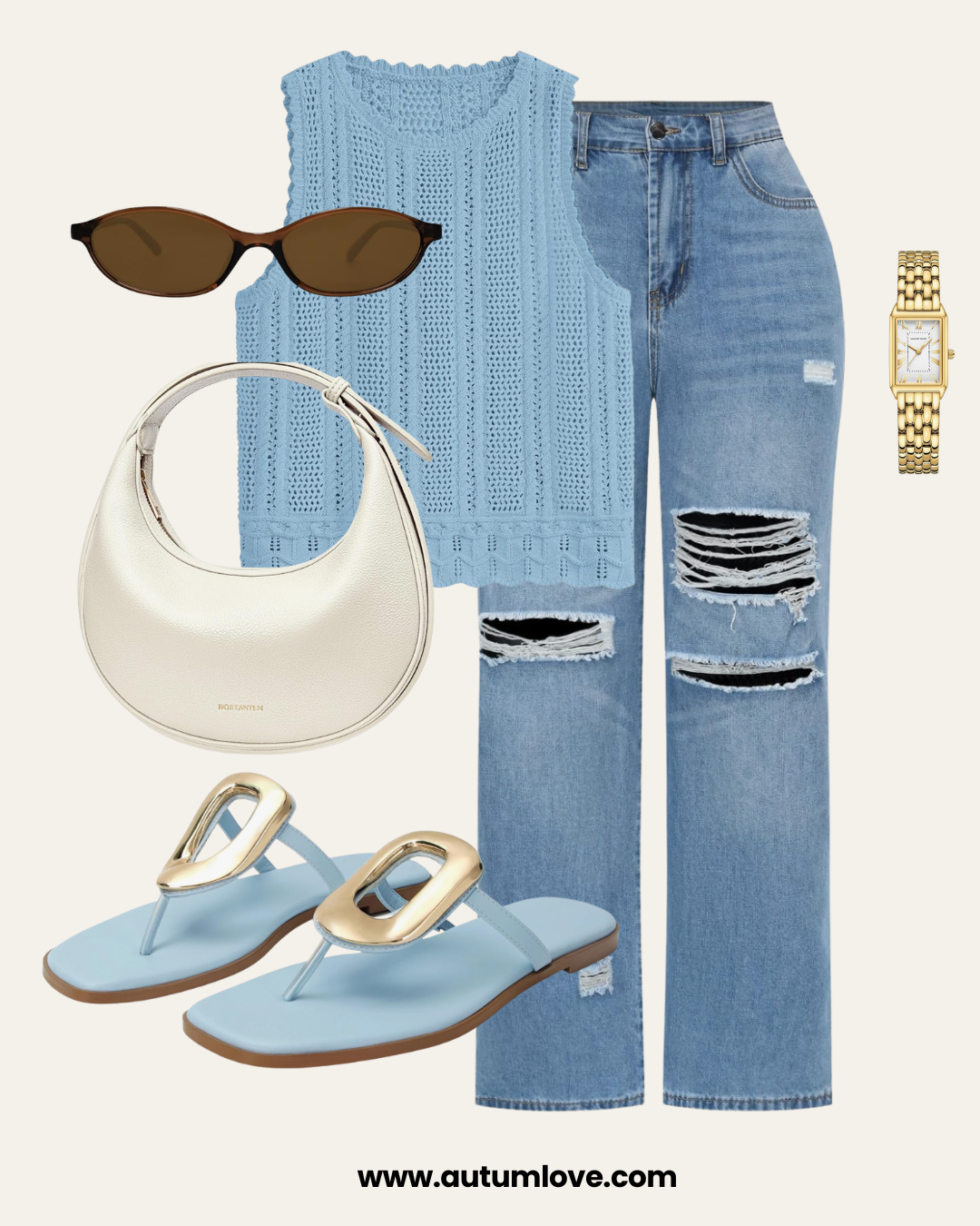 A style guide featuring light wash wide leg jeans, a matching blue short-sleeve mesh knit top, light blue sandals, and a white crescent bag.