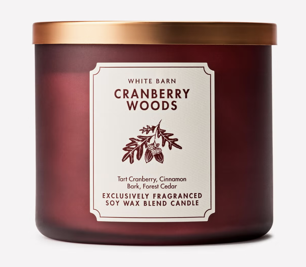 Bath & Body Works Cranberry Woods three-wick candle.