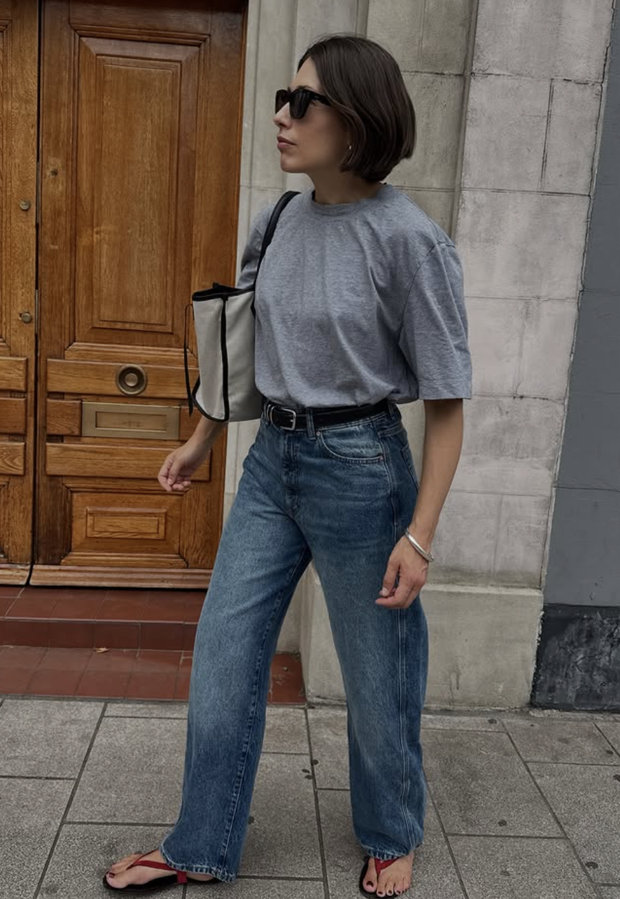 A person wearing loose wide-leg blue jeans, a tucked-in grey t-shirt, a black leather belt, and minimalist red flip flops.