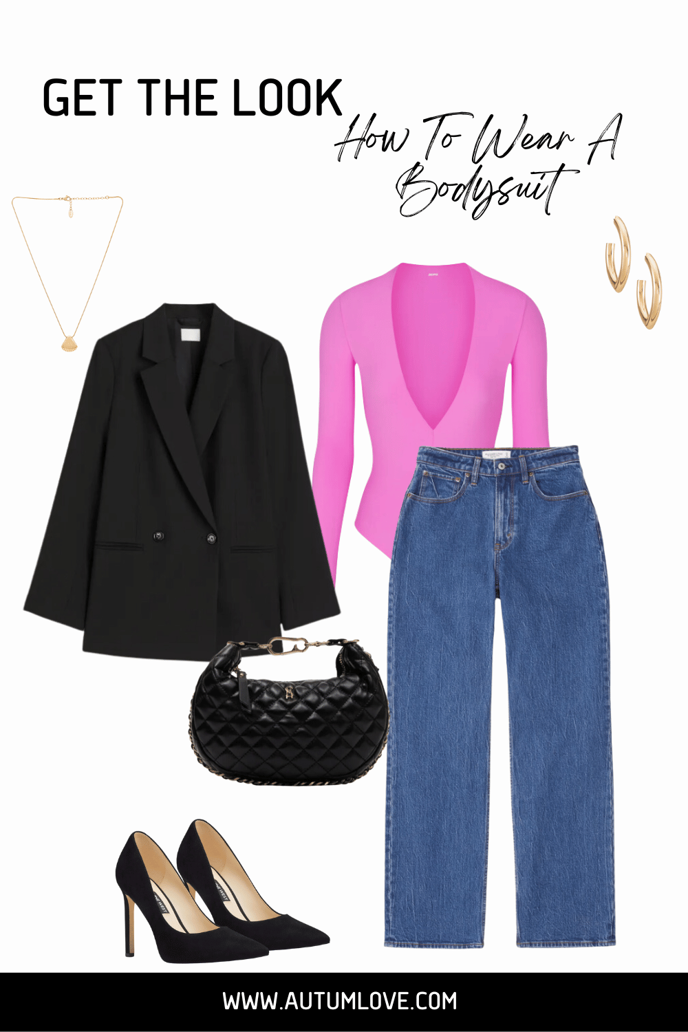 Styling a plunging V-neck satin bodysuit with an oversized plaid blazer and cigarette pants to elongate the figure and skim over the midsection.