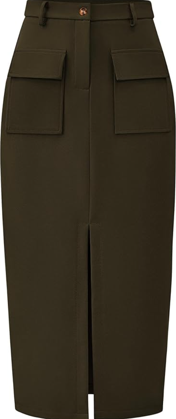 A back view of a tailored olive green High Waisted Cargo Midi Skirt featuring cargo pockets and a sophisticated back slit, perfect for a professional Amazon capsule wardrobe.