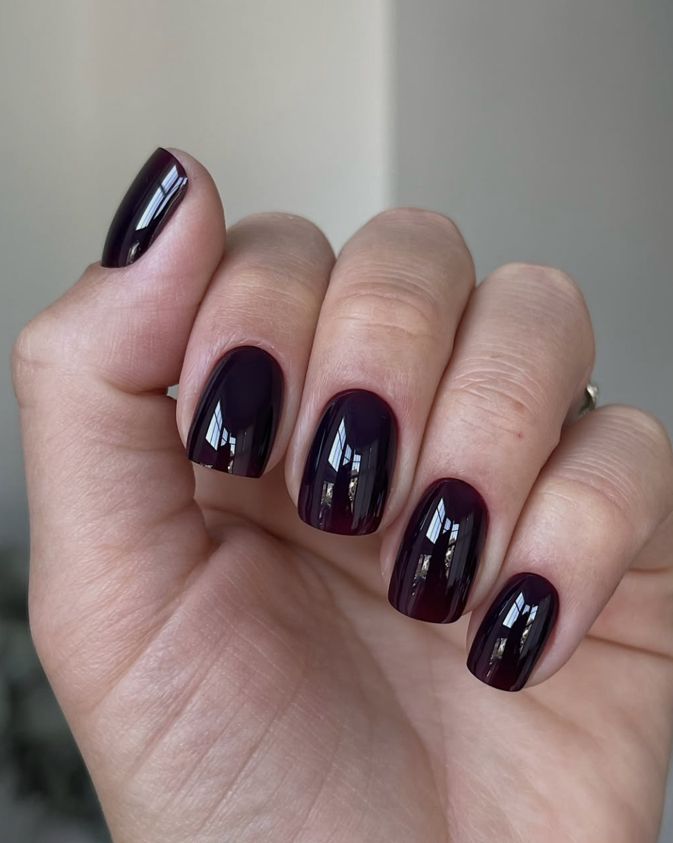 Close-up of short, square-oval nails painted in a glossy, dark plum-black nail polish for fall.
