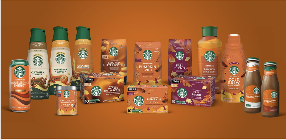 Assortment of Starbucks pumpkin spice coffees, creamers and ready-to-drink beverages on an orange background.