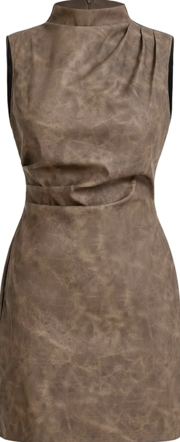 A pro stylist-recommended brown PU leather ruched bodycon dress with a high neckline, perfect for layering under long coats for a textured winter look.