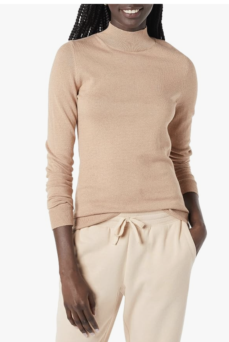 Amazon Essentials lightweight mockneck sweater for layering under fall jackets.