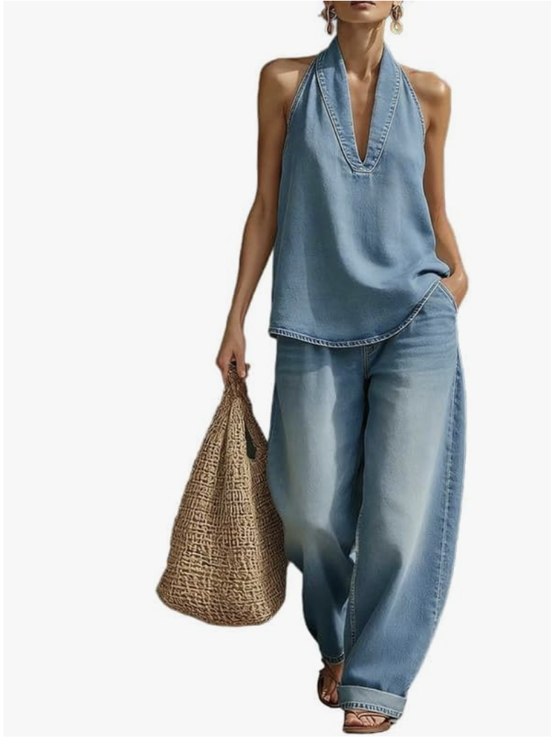 A side-by-side matching two-piece denim set featuring a fluid sleeveless halter neck top and loose wide-leg matching jeans.