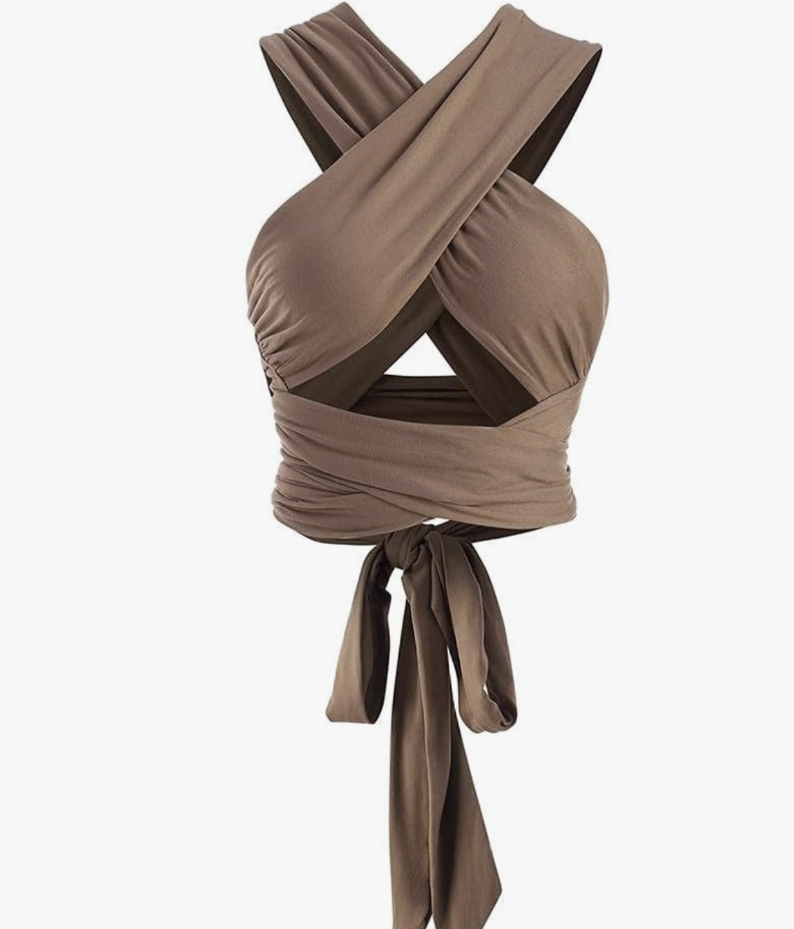 A tan-brown ribbed halter wrap crop top with a criss-cross ruched design and tie-up waist detail.