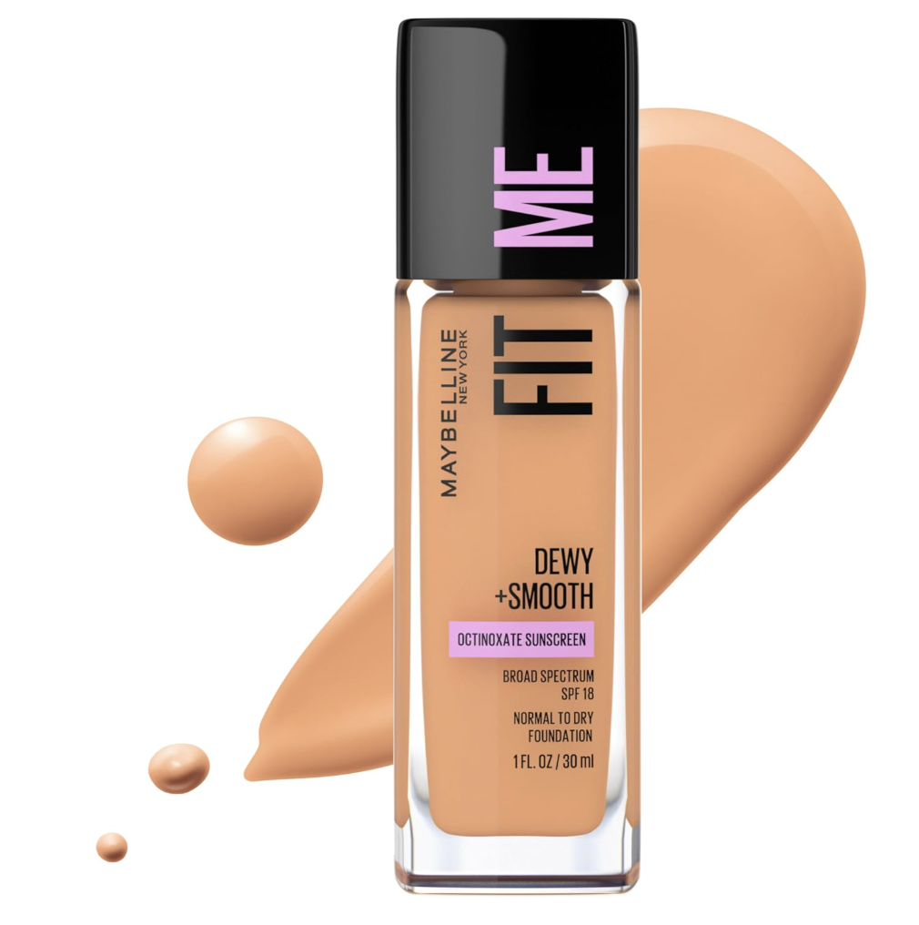 A front-facing product shot of the Maybelline Fit Me Dewy + Smooth foundation bottle with SPF 18, shown alongside a large, smooth liquid foundation swatch on a clean, light background.