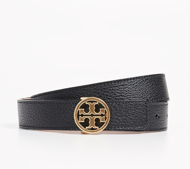 "Tory Burch 1" Miller Reversible Belt in black leather with gold logo buckle, styled for a modern classic wardrobe."