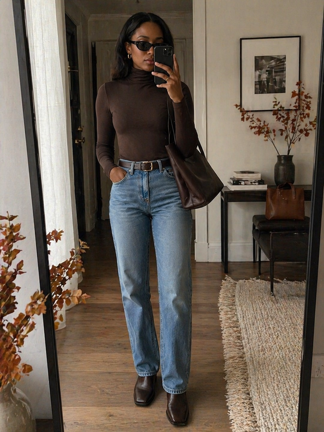 A woman wearing a chocolate brown fitted turtleneck tucked into high-waisted straight-leg jeans with a black belt and sunglasses.