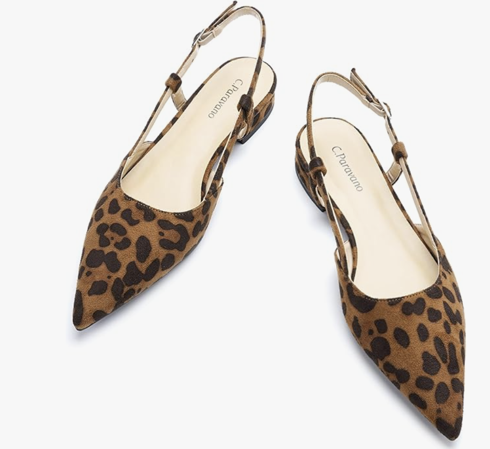 Leopard print pointed-toe slingback flats, a trending spring 2026 footwear essential that lengthens the leg line.