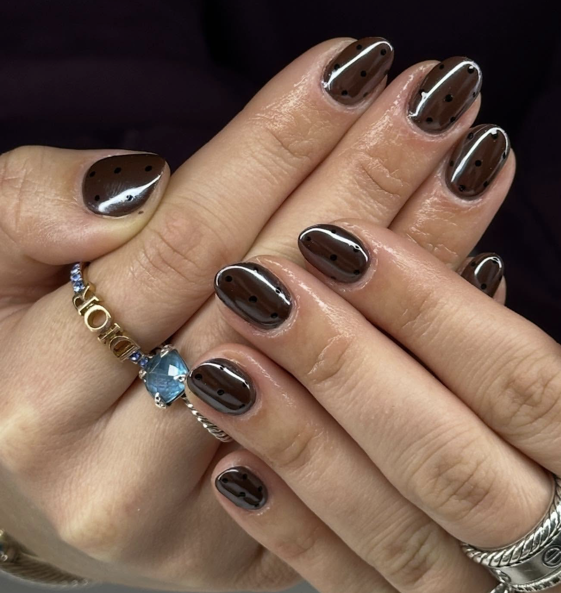 Glossy chocolate brown Thanksgiving manicure on short nails
