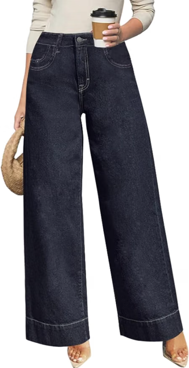Woman wearing stretchy straight-leg denim pants from Amazon with a relaxed fit through the hips and thighs.