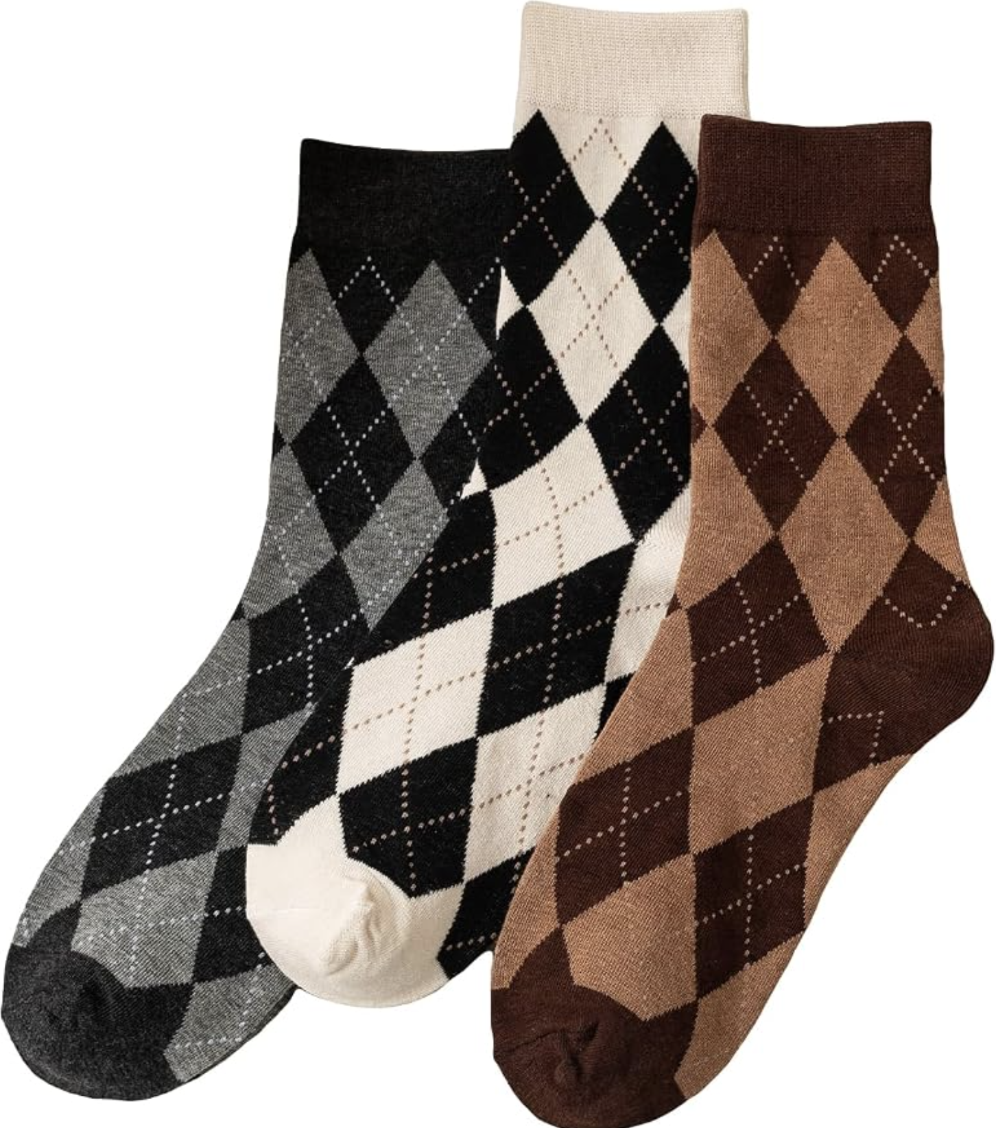 Three pairs of women’s OYOANGLE argyle crew socks in coordinating fall colors.