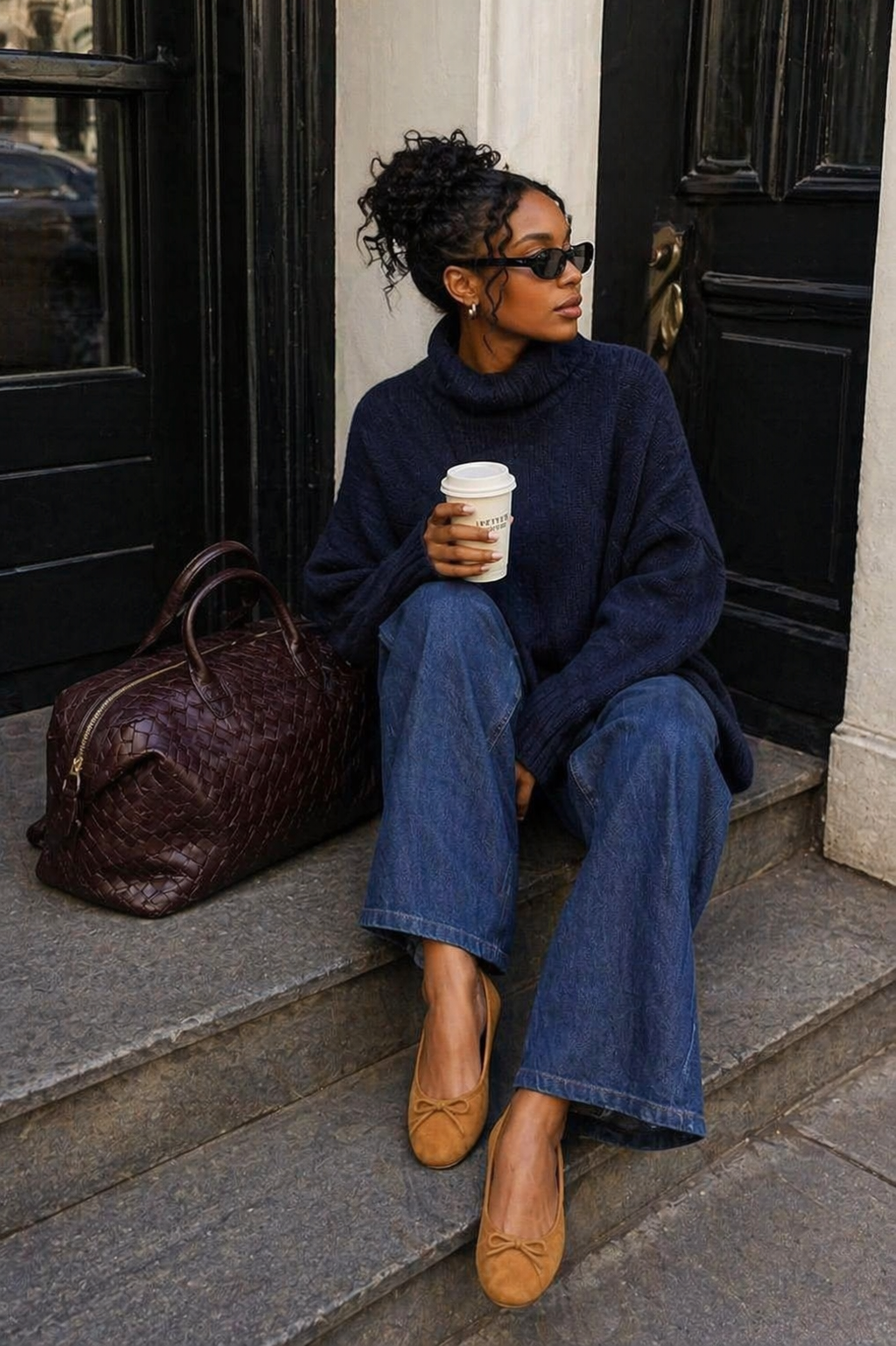 A woman wearing an oversized navy blue turtleneck sweater and matching wide-leg jeans, holding a coffee cup.