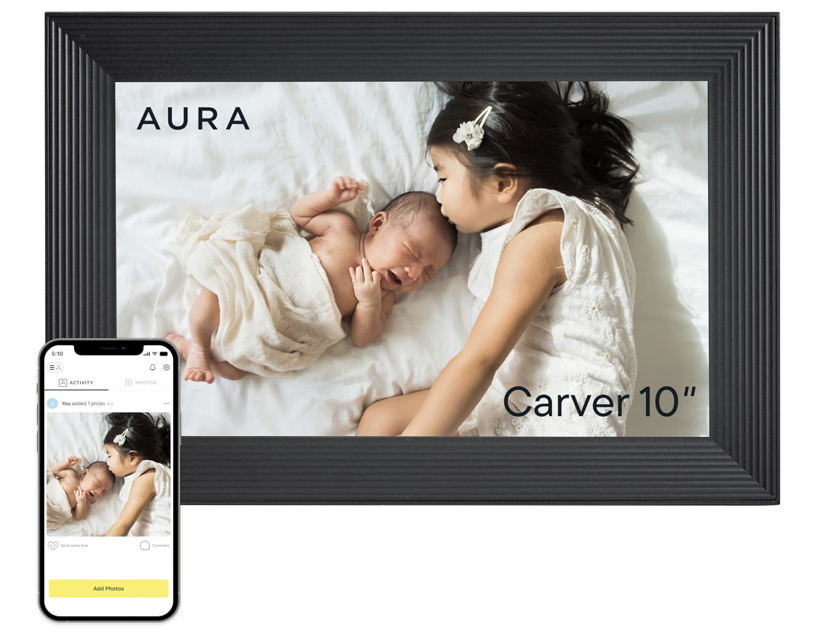 Digital picture frame displaying family photos