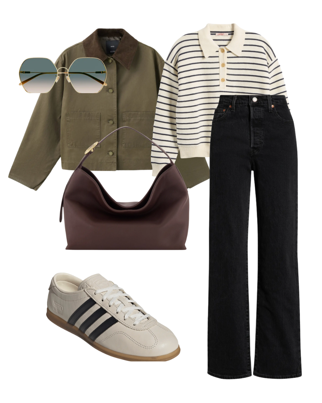 A flat lay featuring an olive green barn jacket styled with a black and white striped long-sleeve tee, dark straight-leg jeans, low-top sneakers, sunglasses, and a brown leather shoulder bag.