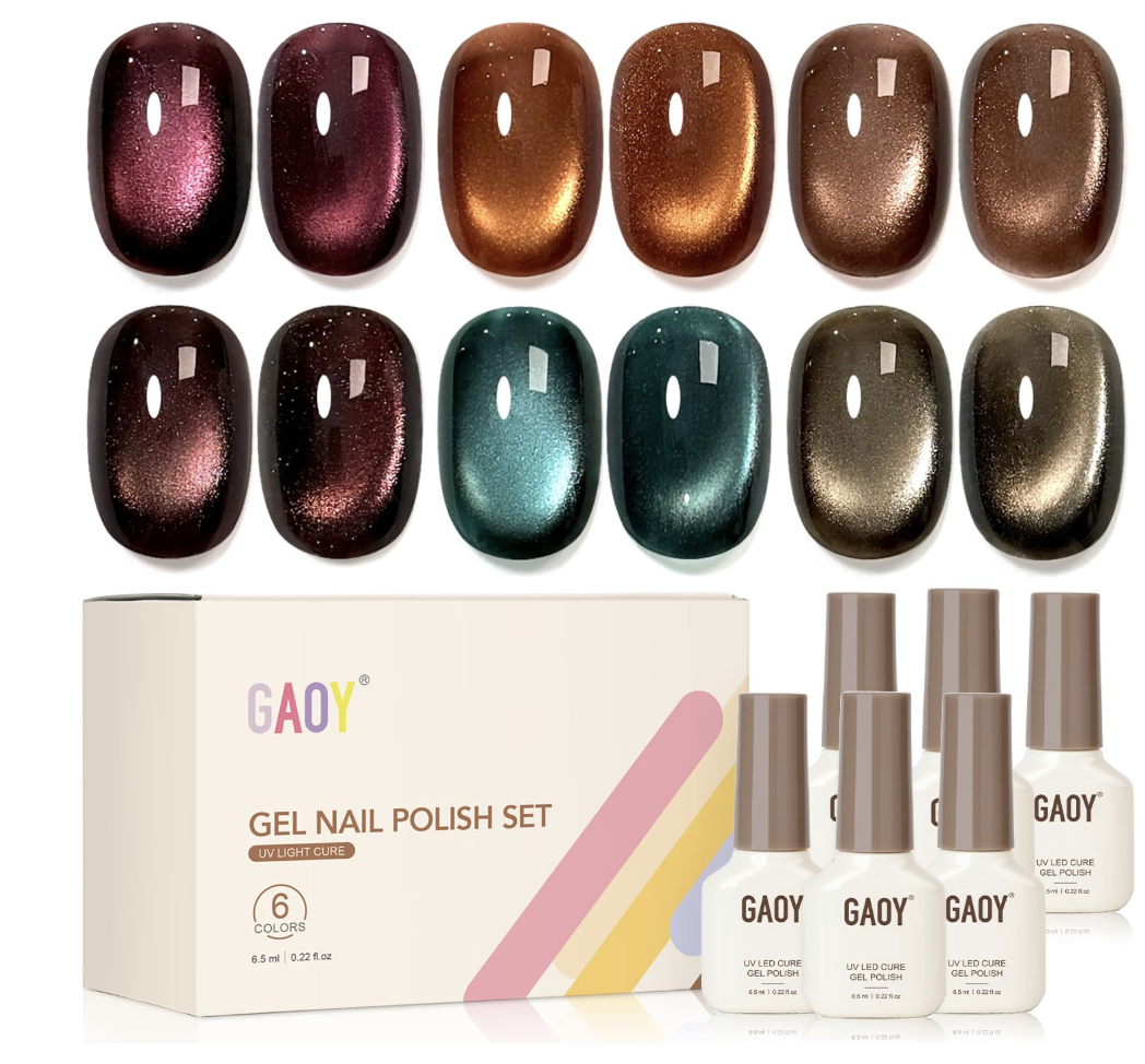 A GAOY Glitter Cat Eye Gel Nail Polish Set showing six velvet-effect green shades and a magnetic tool for creating shimmering matcha nail art.