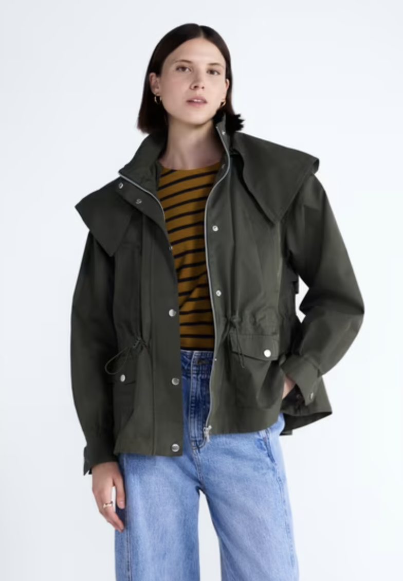 Free Assembly cinched utility jacket with a hood and adjustable waist.