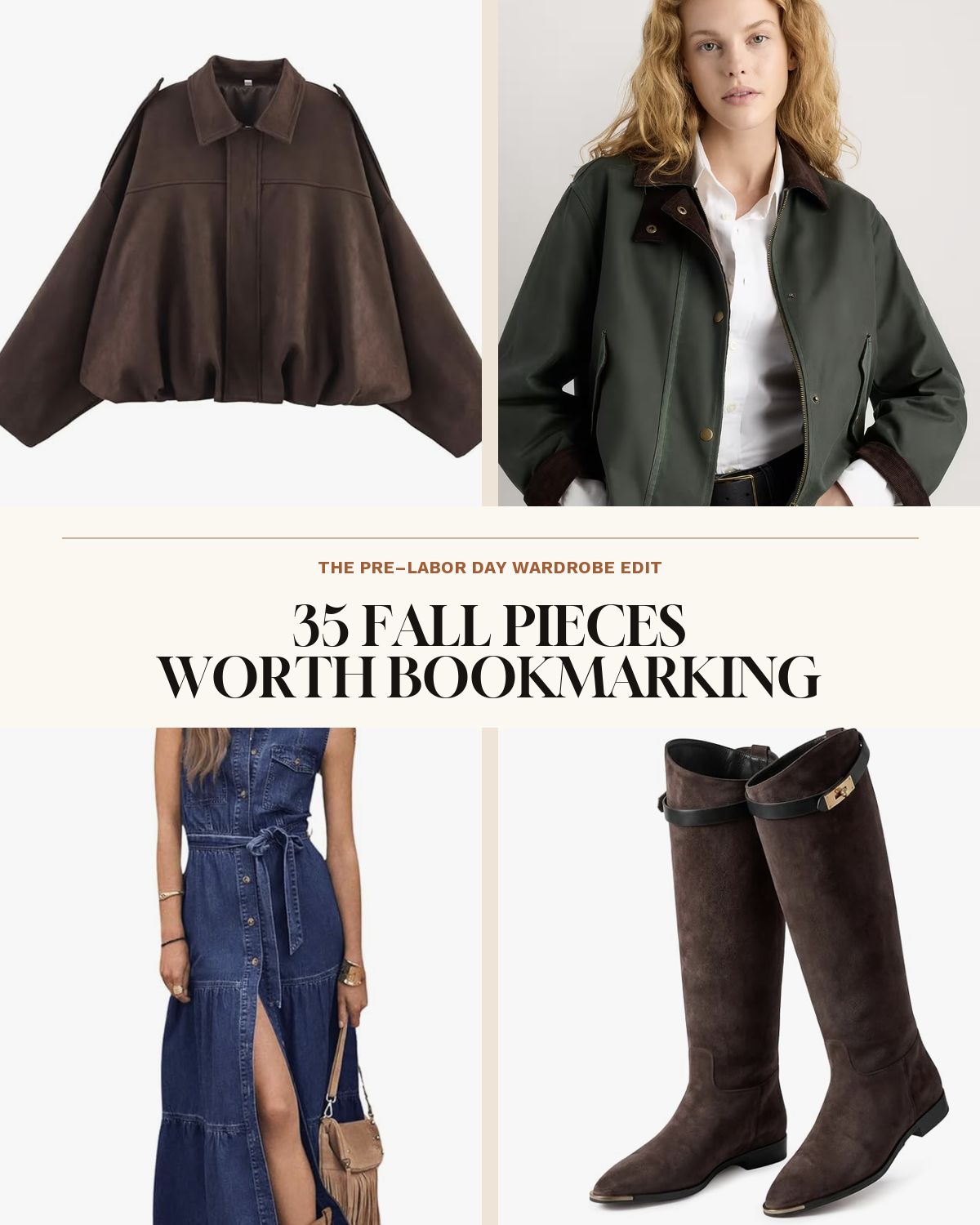 Fall wardrobe collage showcasing classic fall jackets, a denim dress, and tall leather boots.
