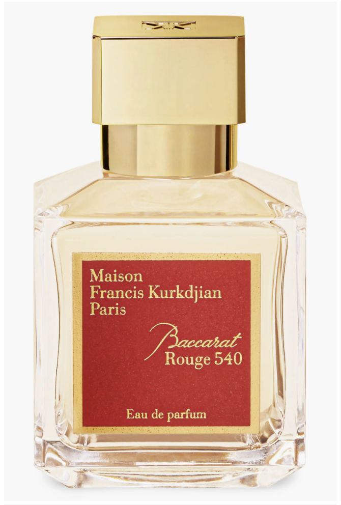 A close-up shot of a luxury bottle of Maison Francis Kurkdjian Paris Baccarat Rouge 540 Eau de Parfum, featuring its signature gold cap and red label.
