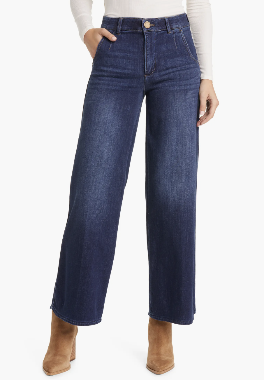 A woman wearing dark wash [Wit & Wisdom Whitney 'Ab'Solution Skyrise Wide Leg Jeans