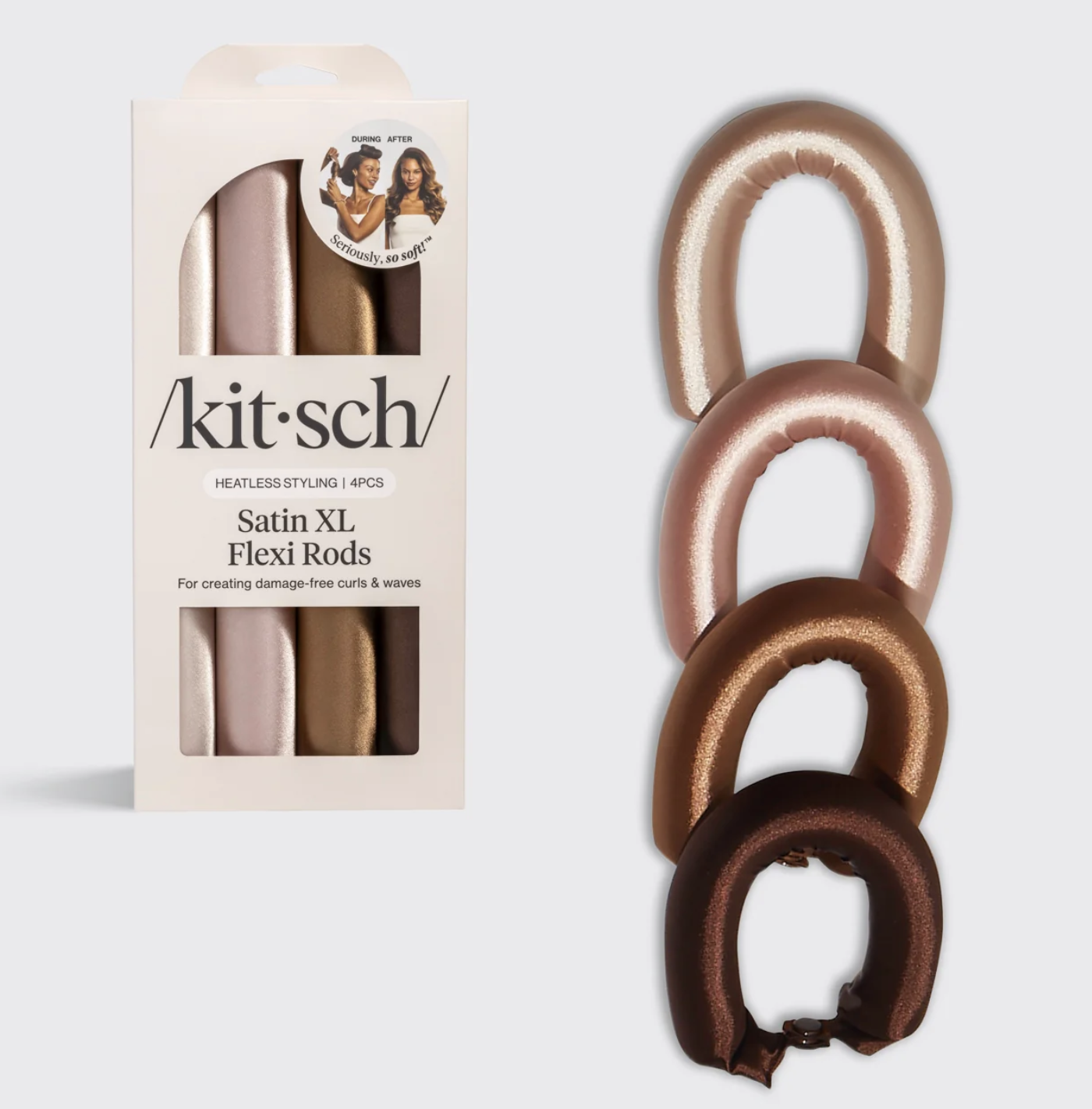 Kitsch satin heatless curling rod and scrunchies for overnight curls without hot tools.
