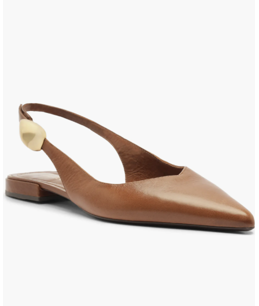 A product shot of the Arezzo Farrah Slingback Pointed Toe Flat in brown leather with a gold accent on the heel strap. These flats are recommended as a rich, contrasting texture for the "Under a Wool Coat" outfit formula.