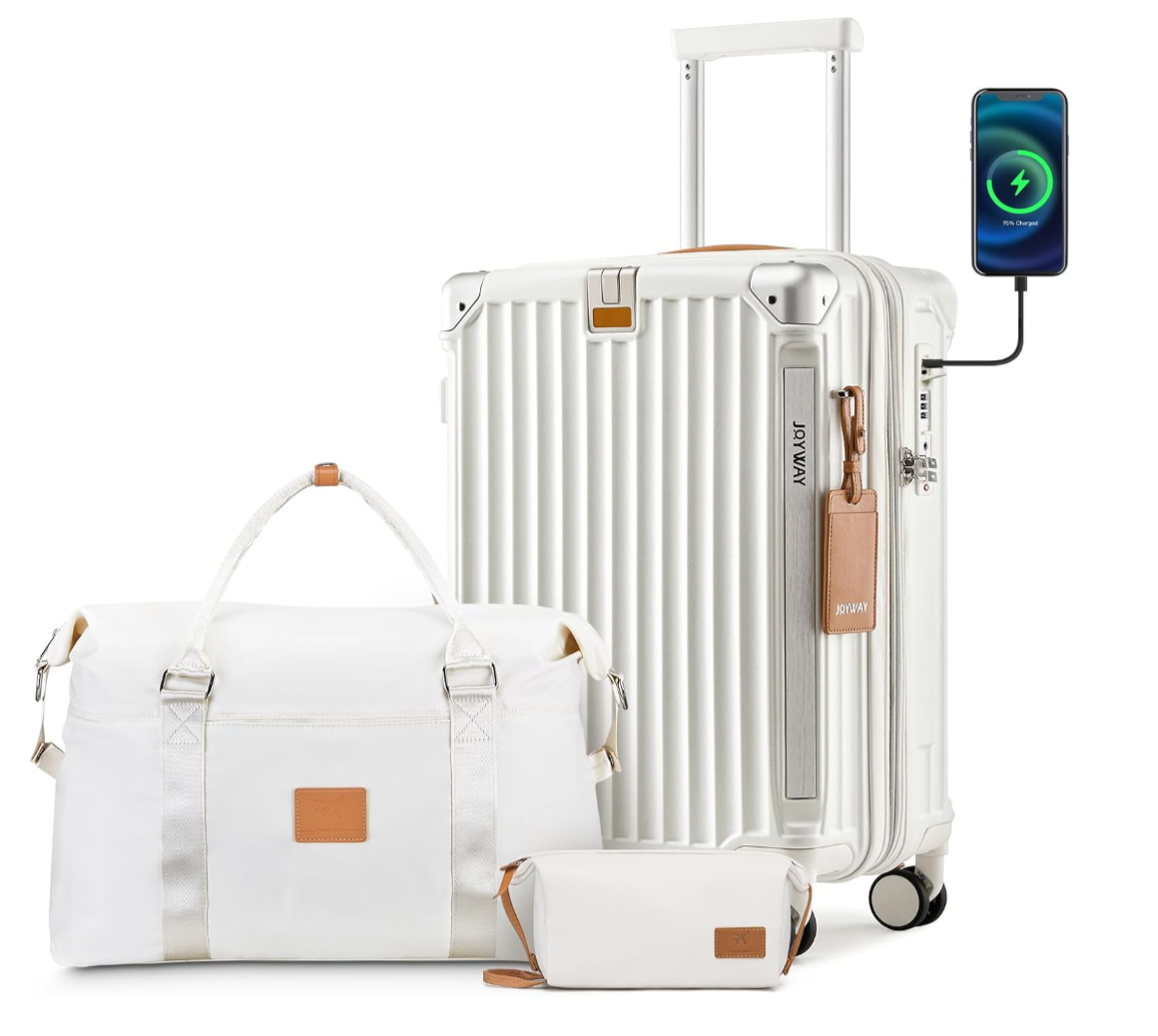 A white 20-inch carry-on suitcase featuring a built-in cup holder and USB charging port, shown as a functional packing essential for a cruise.