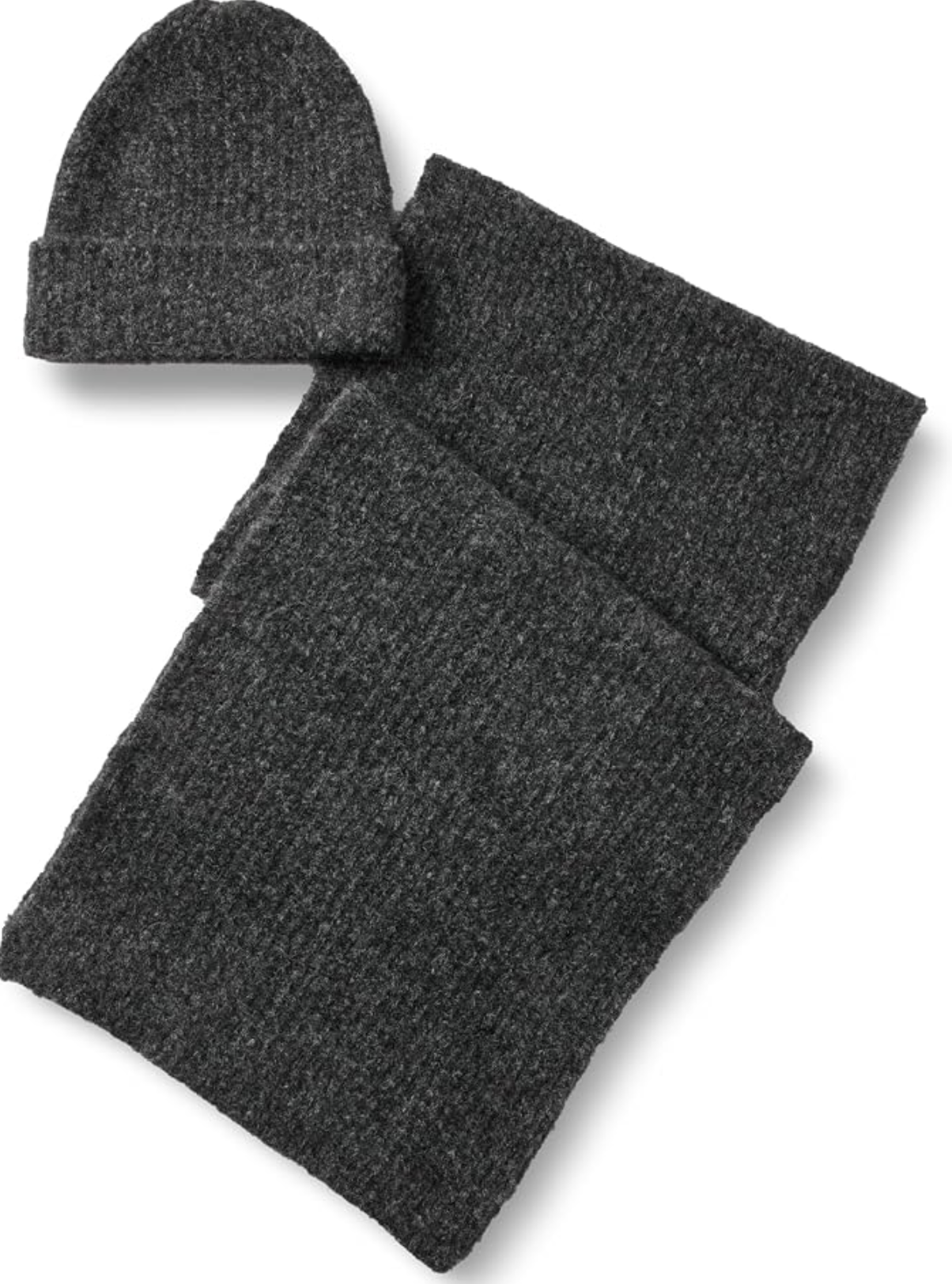 Charcoal-heather Amazon Essentials ribbed scarf and matching beanie set.