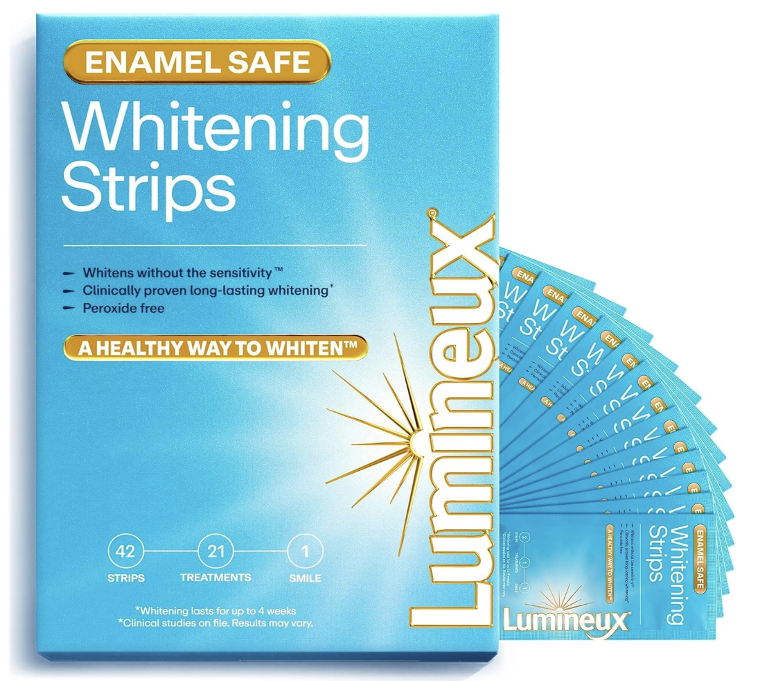 Box of Lumineux Teeth Whitening Strips featuring the certified non-toxic, peroxide-free formula with coconut oil and Dead Sea salt.