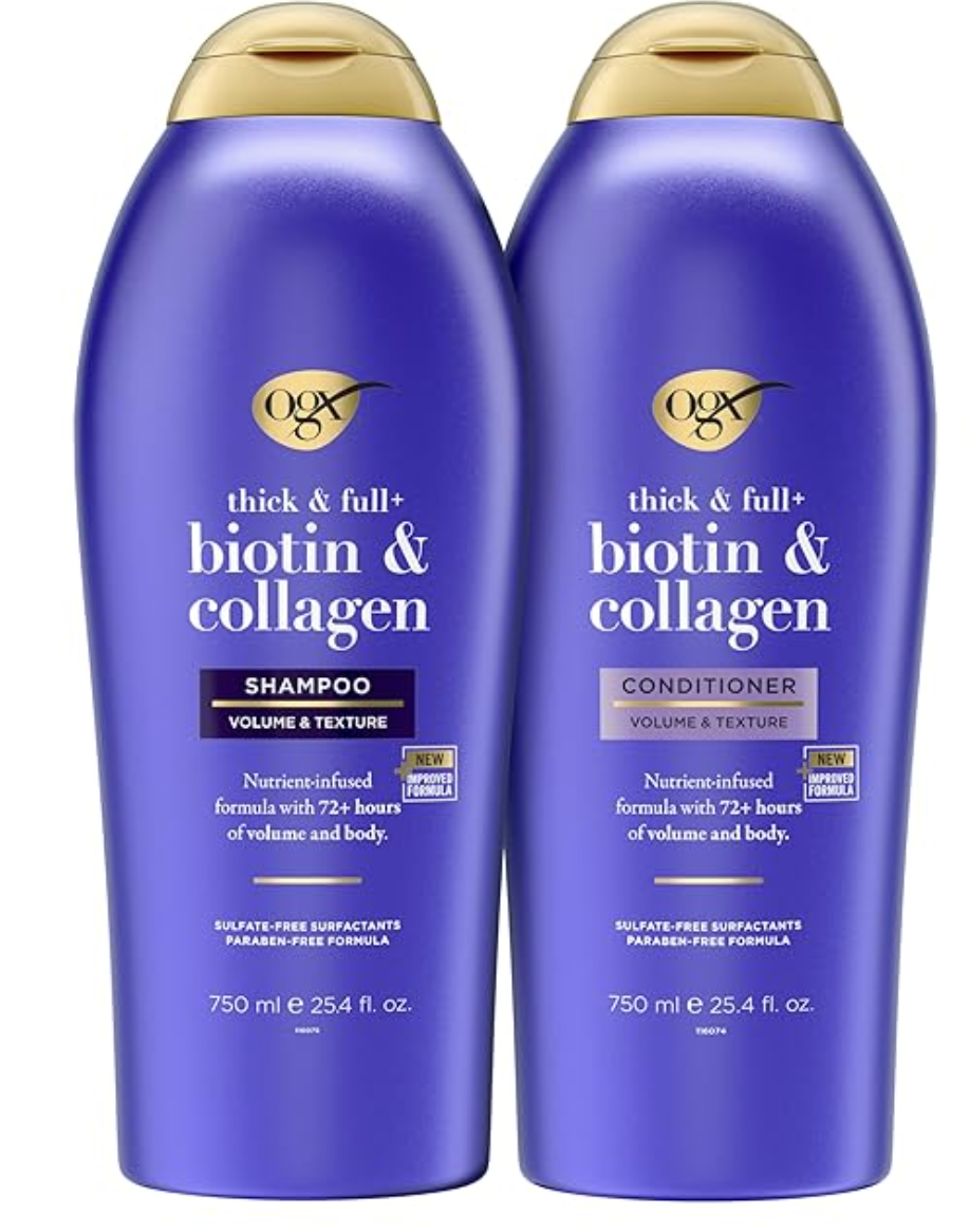 Two purple bottles of OGX Thick and Full+ Biotin and Collagen shampoo and conditioner with gold caps, emphasizing volume and texture.