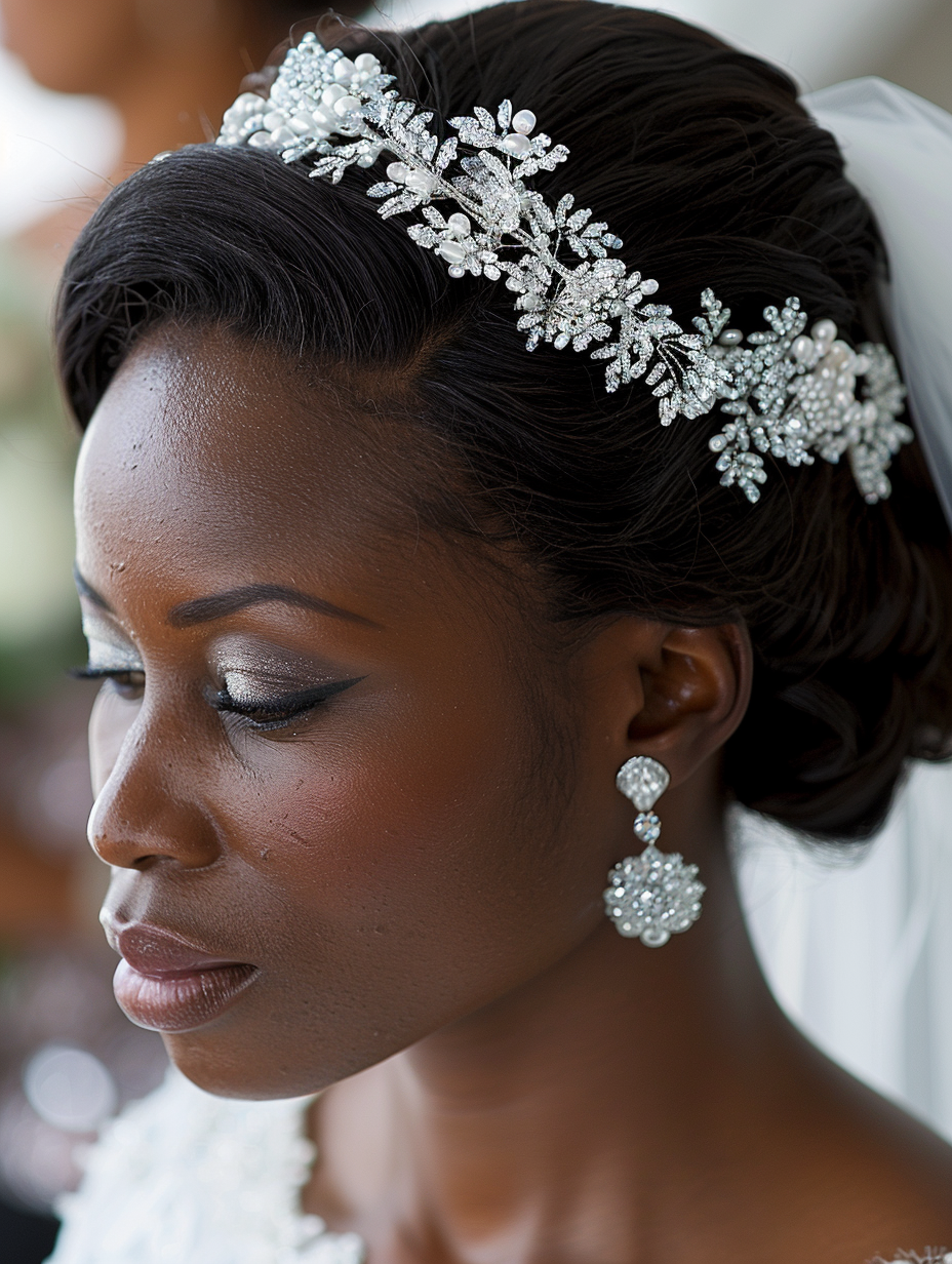 african american woman wearing hair accessories for her wedding