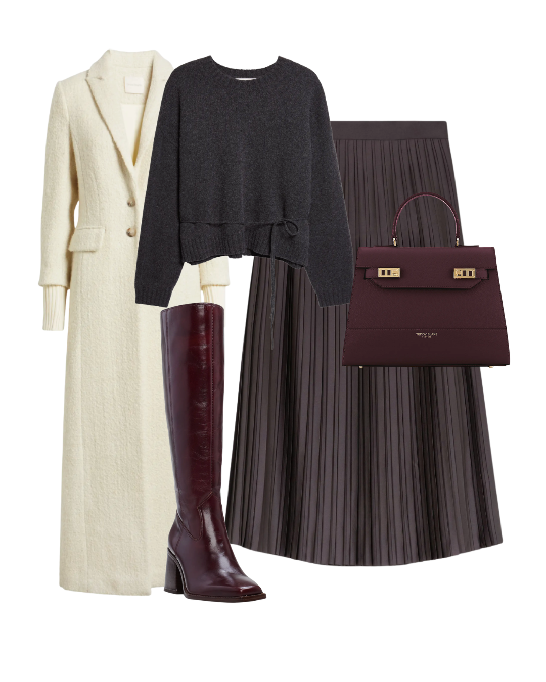Full-length winter church outfit featuring pleated midi skirt knee boots and practical footwear
